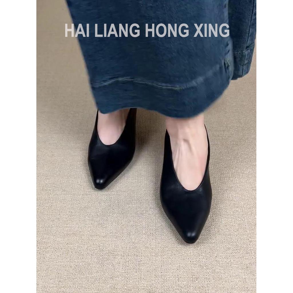 Sheepskin Version~ French Pointed Single Shoes Women's Shallow Mouth Versatile Temperament Commuter Shoes Retro Black Thick Heel High Heels