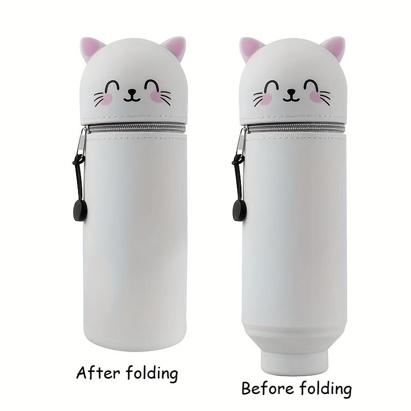 2-in-1 Expandable Silicone Pencil Case & Desk Organizer, Cute Cat Design for School Office Home, Soft Durable Stationery Storage