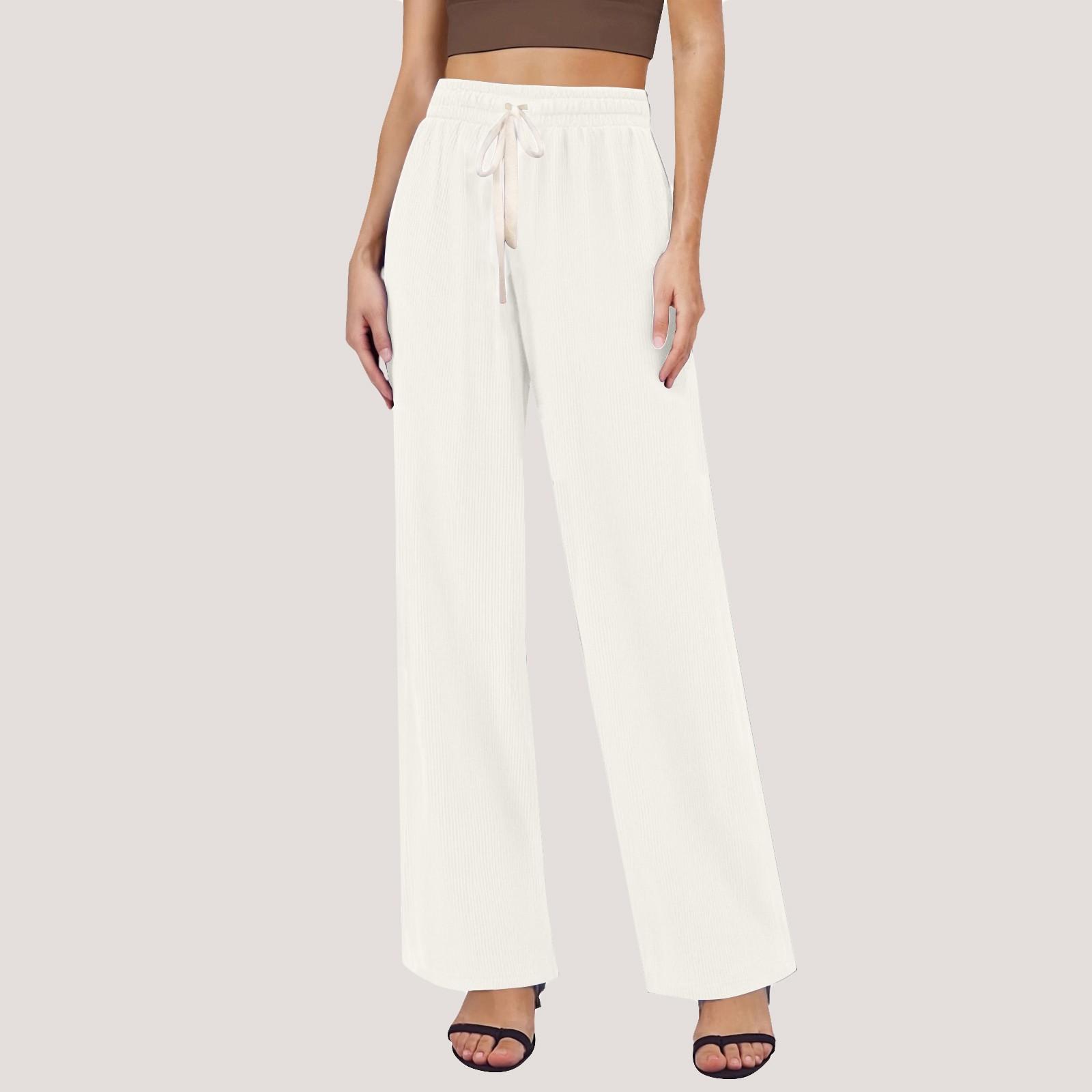 

Жіночі широкі брюки з кишенями Легкі широкі укорочені штани з високою талією з поясом One Size білий