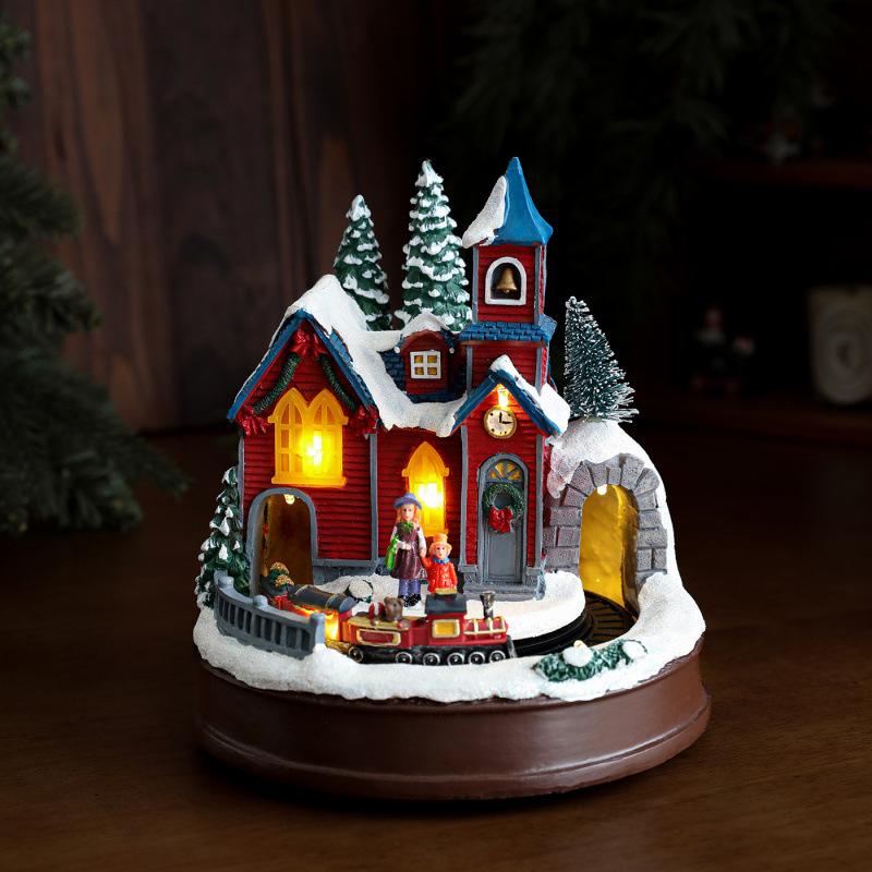 Resin Christmas House Music Box with Rotating Train and Luminous Lights - Tabletop Ornament Decoration