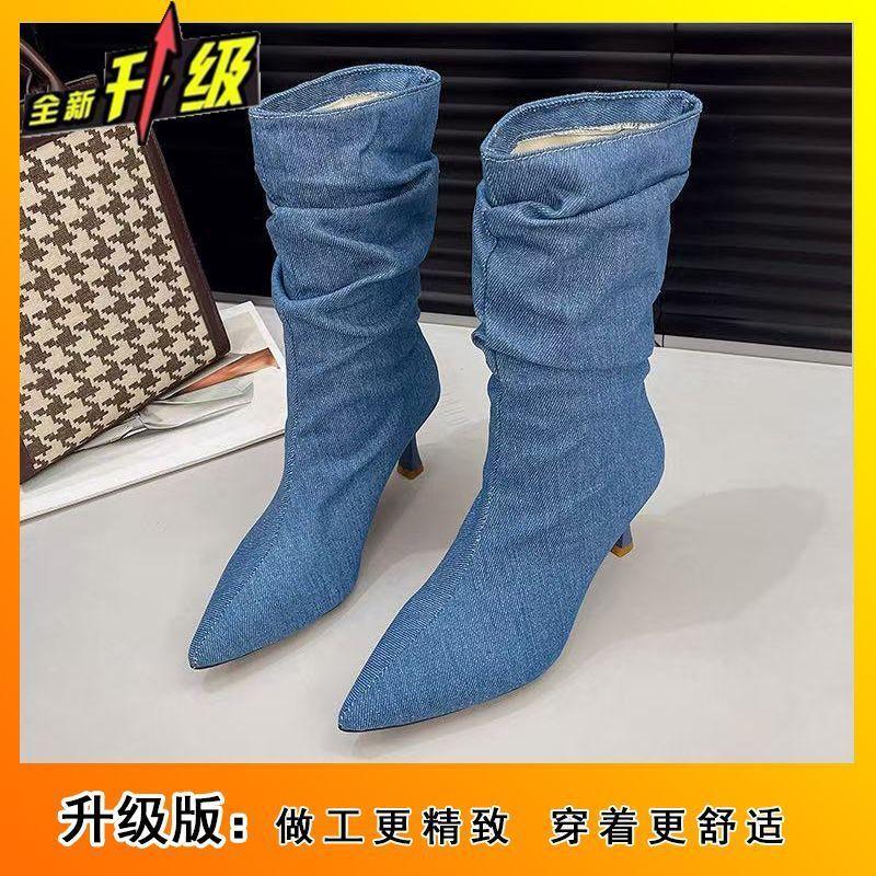 Fashion Versatile Comfortable Pleated Pile Boots Casual Pointed Thin Heel Women's Medium Boots 2025 Autumn New