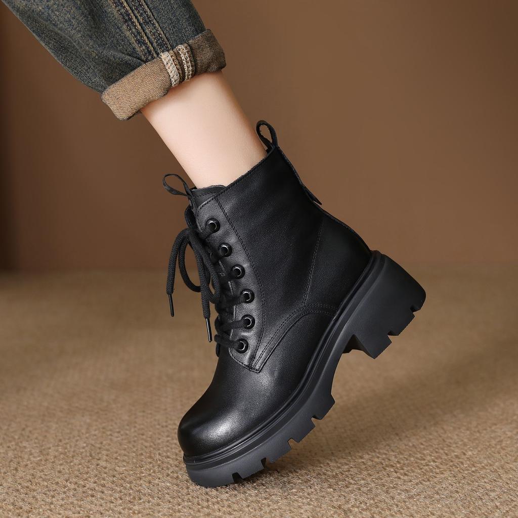 Johnature Genuine Leather Women's Shoes Versatile Lightweight Anti Slip Thick Heel Short Boots