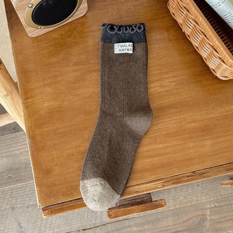 Black Fungus Lace Socks, Women's Spring and Autumn Cloth Label Long Socks, Pure Cotton Breathable and Versatile Mid-calf Socks