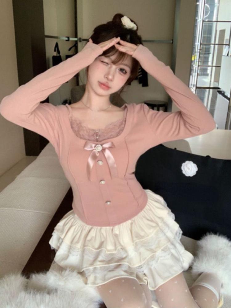 Camisetas Vintage Mori Girl Falsas Duas Peças Mulheres Renda Patchwork Doce Laço Croppeds Estética Feminina Sólida Kawaii Pulôver Novo