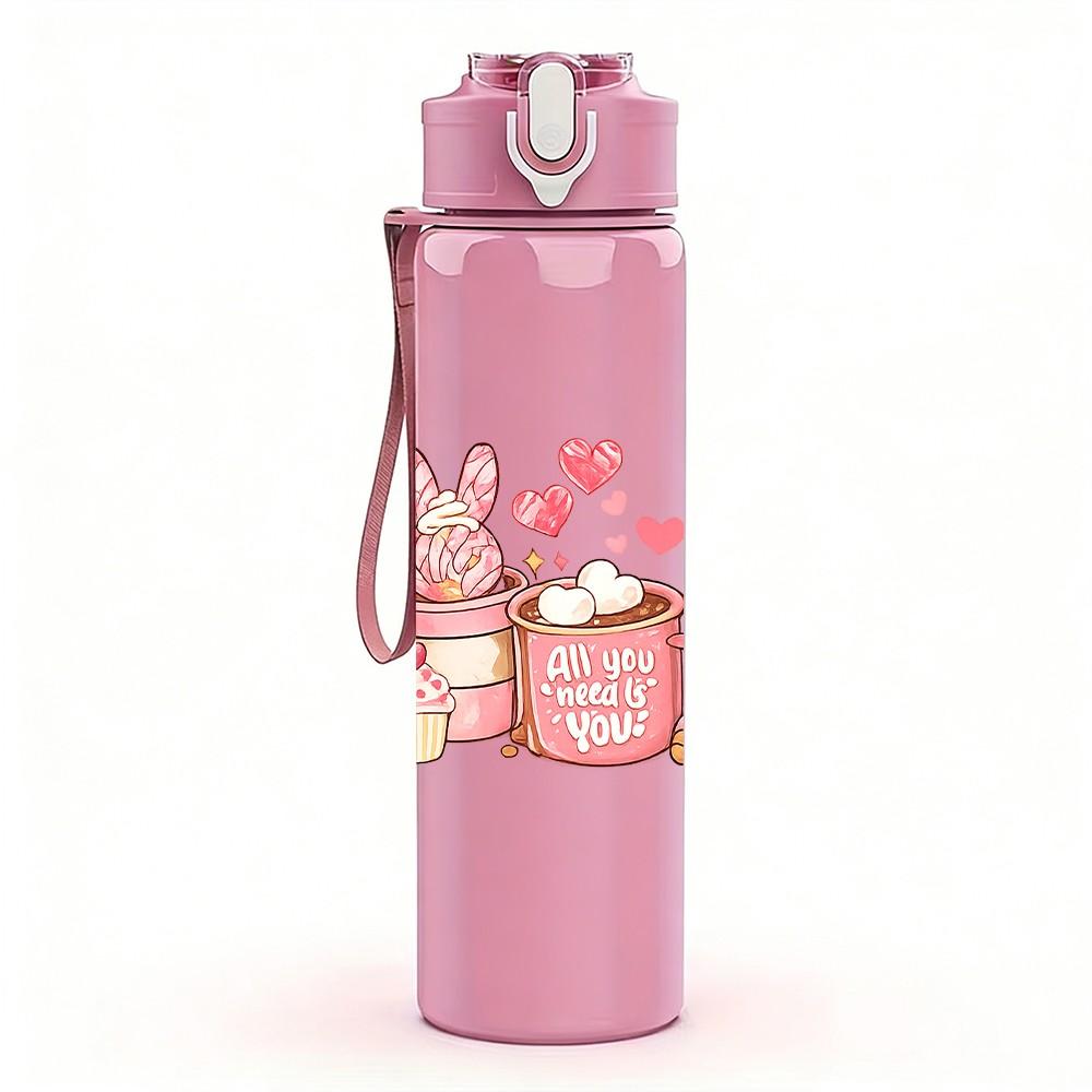1PC Pink Milk Tea Drink Cup Print 750ml Color Plastic Sports Water Bottle Leakproof Flip Straw Lid Suitable for Sports Office Home Use