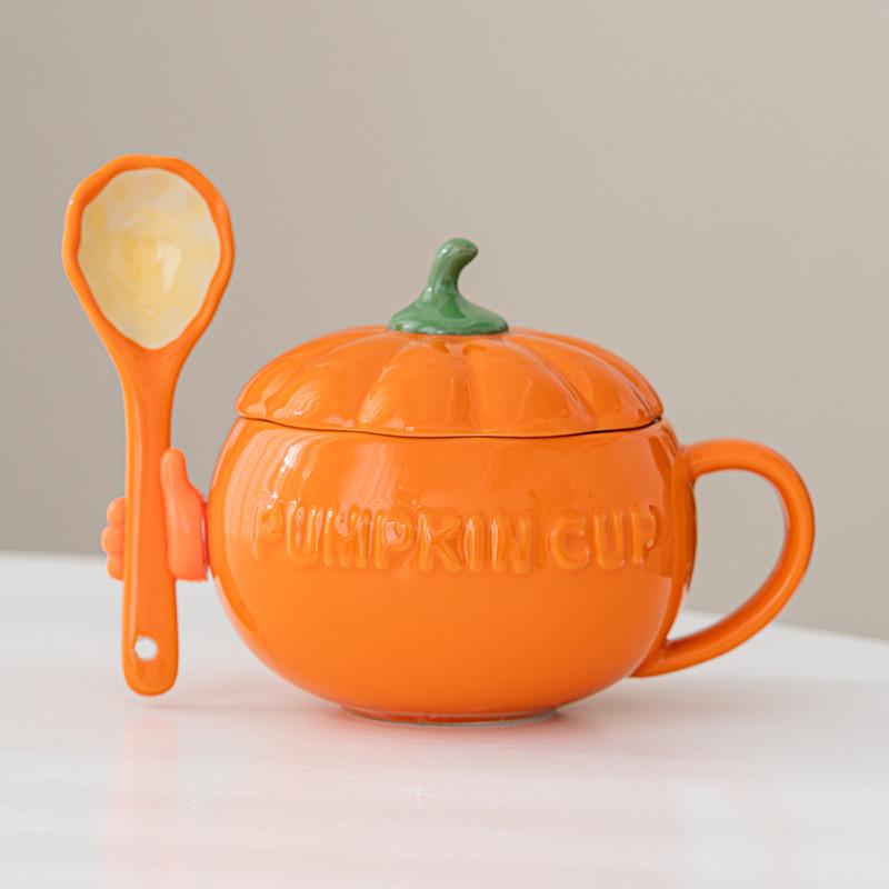 Adorable Pumpkin Ceramic Mug Set with Lid & Spoon for Students