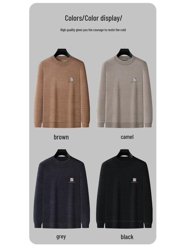 2025 Winter Men's Embroidered Fleece Sweater - Round Neck, Plus Velvet Chenille Knit, Thickened Base Layer Top