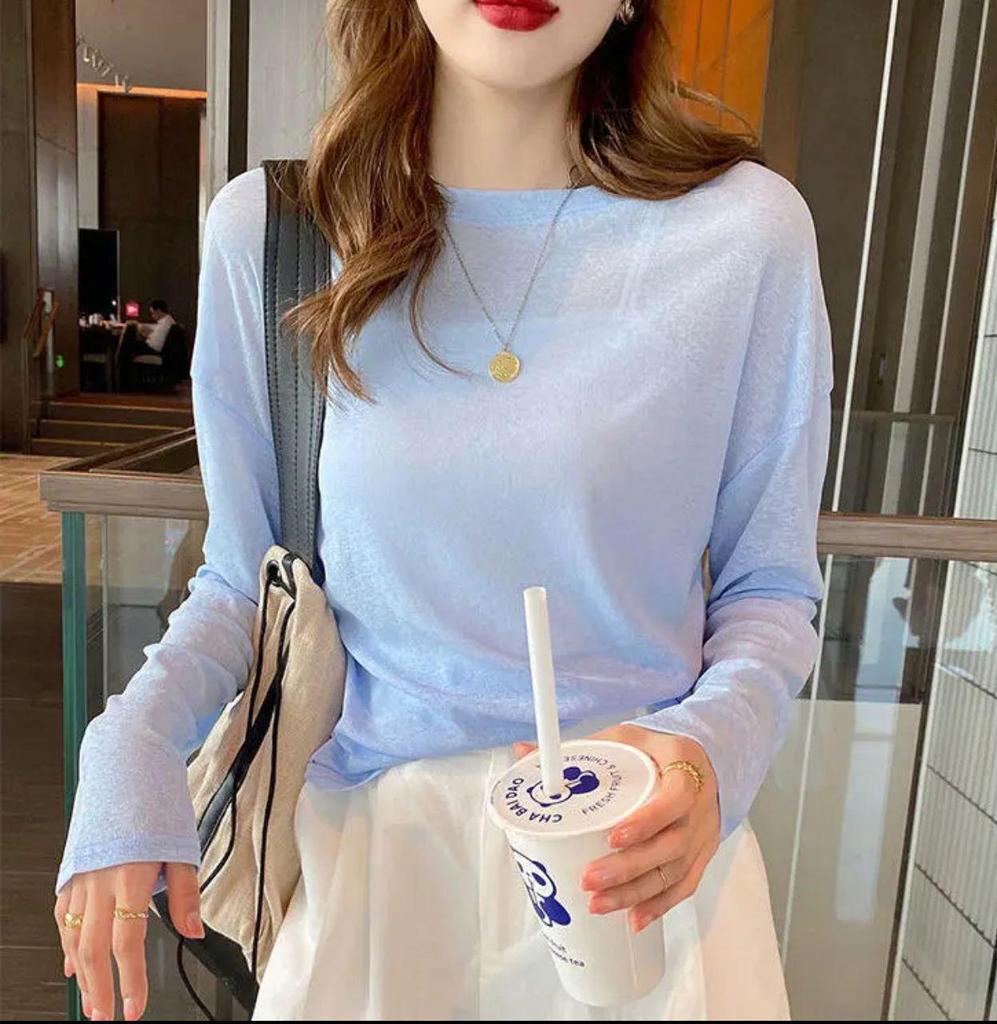 Bluză de vară pentru femei, culoare bomboană, cu mâneci lungi, largă, din mătase de gheață, protecție solară