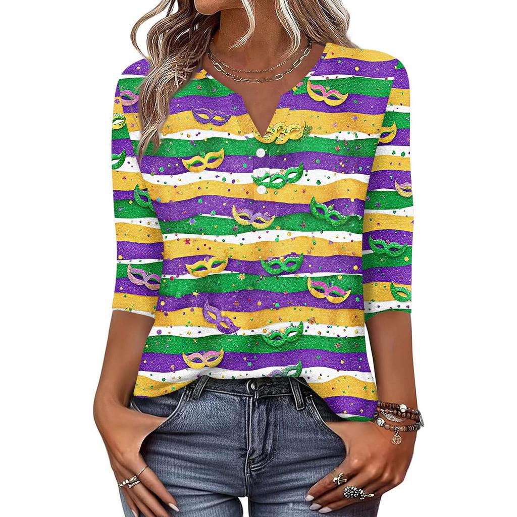 Women's T Shirt Print Button 3/4 Sleeve Daily Weekend Fashion Basic V- Neck Regular Top