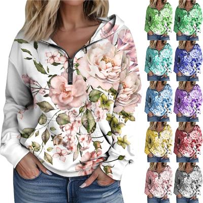 Women's Fashion Printing Long Sleeve Loose Half Zippered Hoodie With Pockets