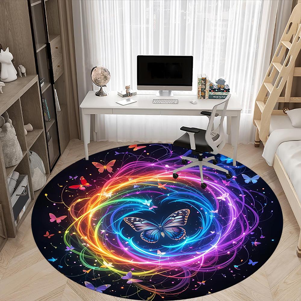 1pc Butterfly Rainbow Office Round Area Rug,  Mat Suitable ForOffice, Under Office Chairs Bedroom Living Room Home Decor, Room Deco