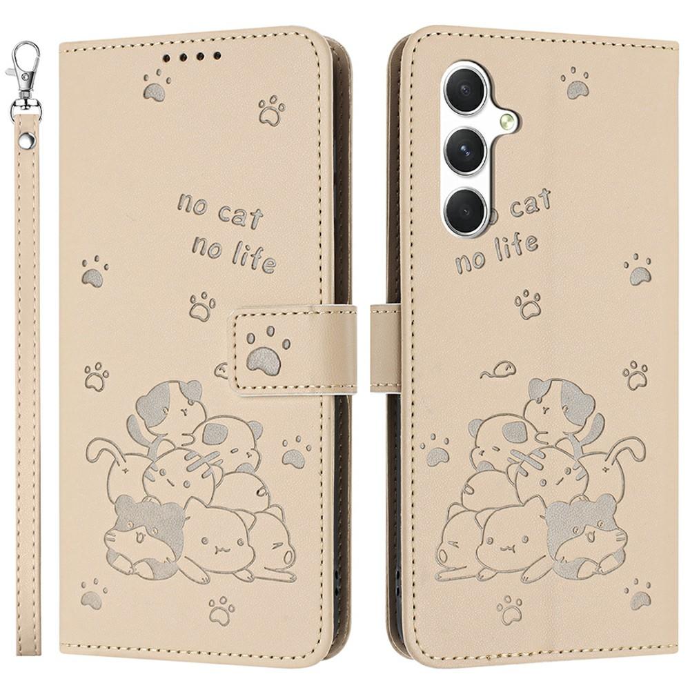 

For Samsung Galaxy A36 5G Case with Strap Cats Imprint Leather Wallet Phone Cover Beige