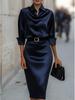 2026 Elegant Swing Collar Solid Color Long Sleeve Women's Dress
