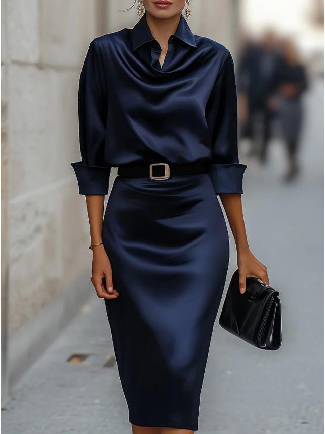 2026 Elegant Swing Collar Solid Color Long Sleeve Women's Dress