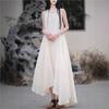Johnature Women Irregular Solid Color Casual Dress Summer O-Neck Sleeveless Belt Soft Female Dress