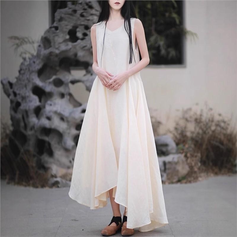 Johnature Women Irregular Solid Color Casual Dress Summer O-Neck Sleeveless Belt Soft Female Dress