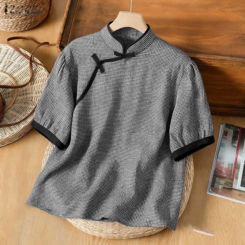 ZANZEA Women Casual Stand Collar Short Sleeve Summer Grid Print Blouse
