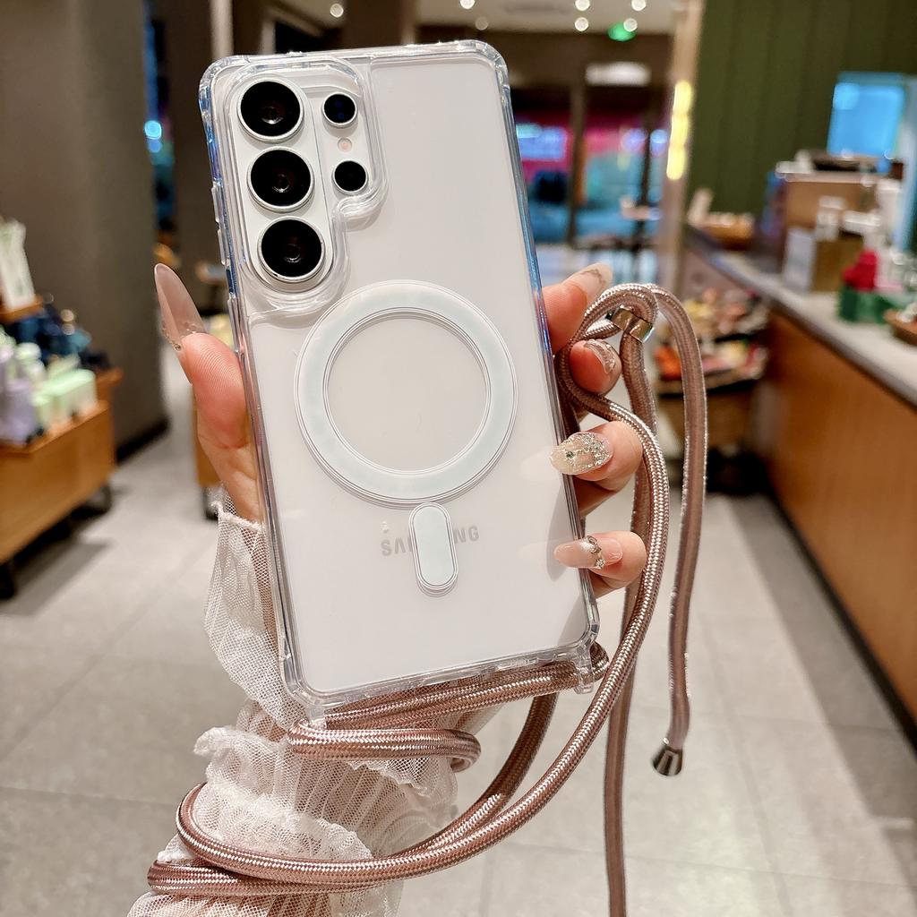 For MagSafe Magnetic Crossbody Strap Clear Phone Case for Samsung Galaxy S26 S25 Ultra S24 S23 Plus Transparent Shockproof Cover