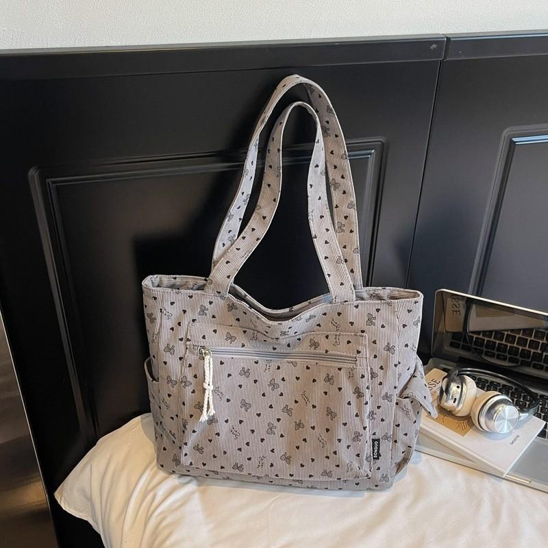 Large Capacity Cotton Corduroy Tote With Multiple Pockets For Casual Daily Carry