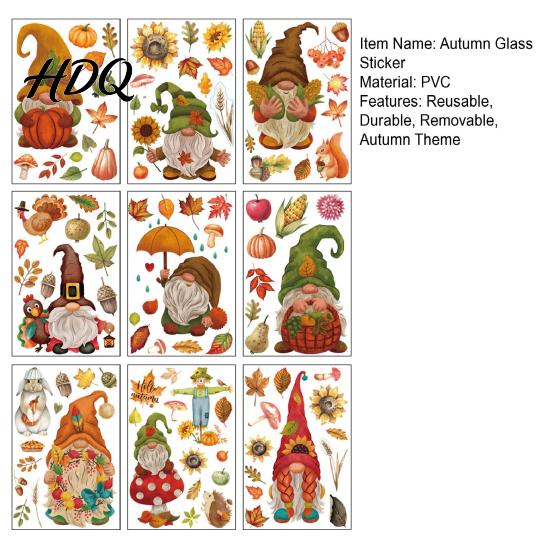 Office Glass Partition Decorations 9Pcs Fall Gnome Static Window Clings Thanksgiving Maple Leaf Turkey Pumpkin Autumn Decals PVC Stickers,