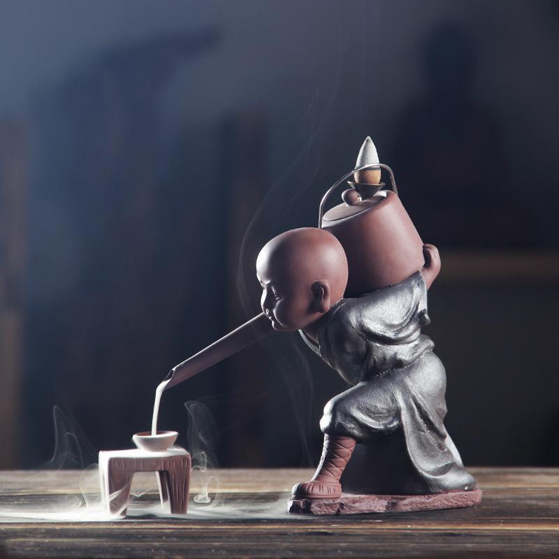 1Pc, Creative Zen Kung Fu Monk Backflow Incense Burner Tea Art Tea Pet For Home Ornament (Without Incense)