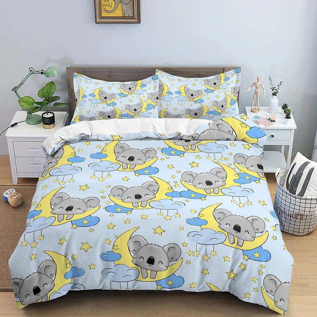 Koala Bear Sleeping in Moon Bedding, Duvet Cover & Pillowcase, Zipper Bedding, Dorm Bedding, Teens Adult Duvet King Queen Full Twin Single