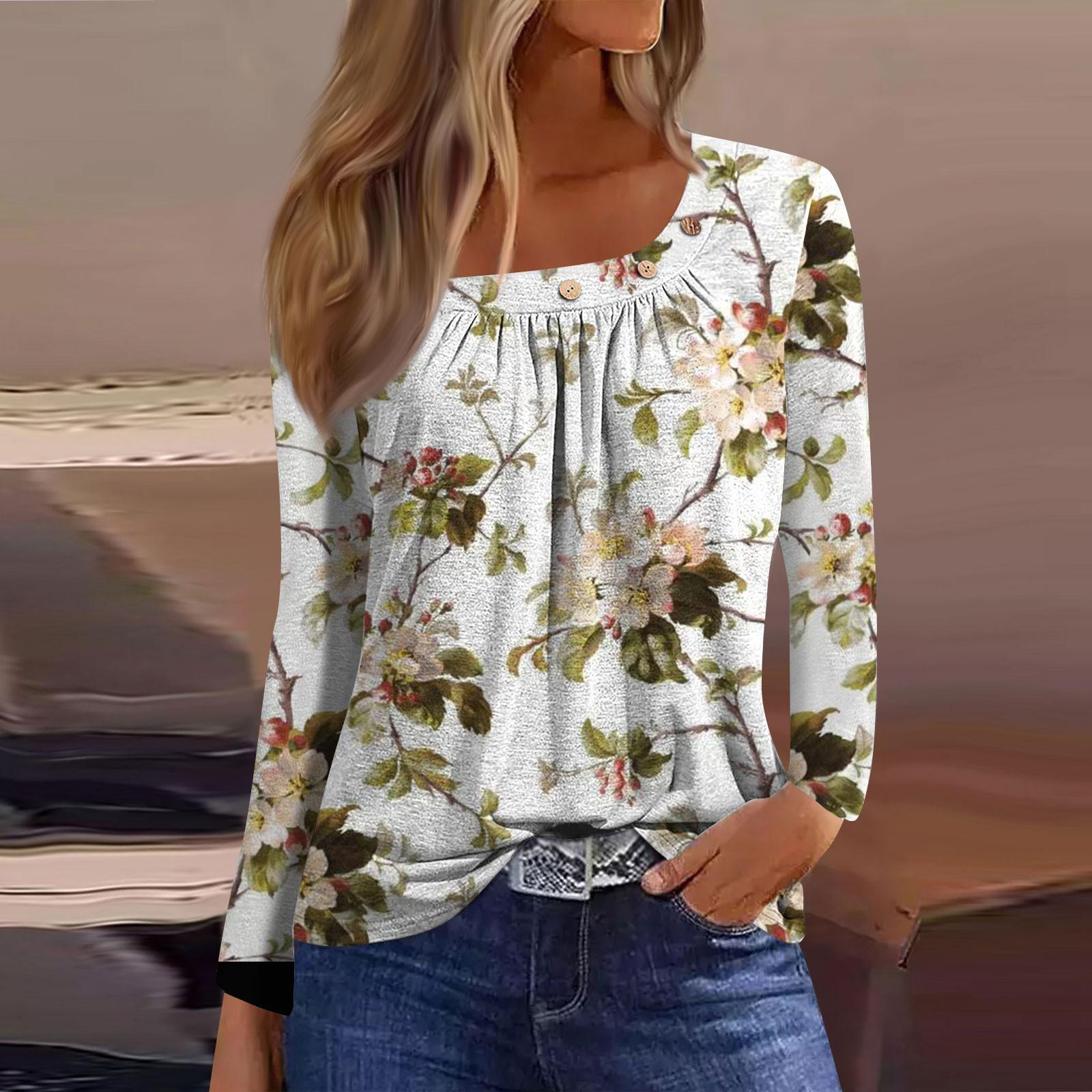 

Блузки с длинным рукавом для женщин, повседневная рубашка на пуговицах с круглым вырезом, однотонная блузка, топы, свободная посадка, осенняя рубашка, топ XL хаки