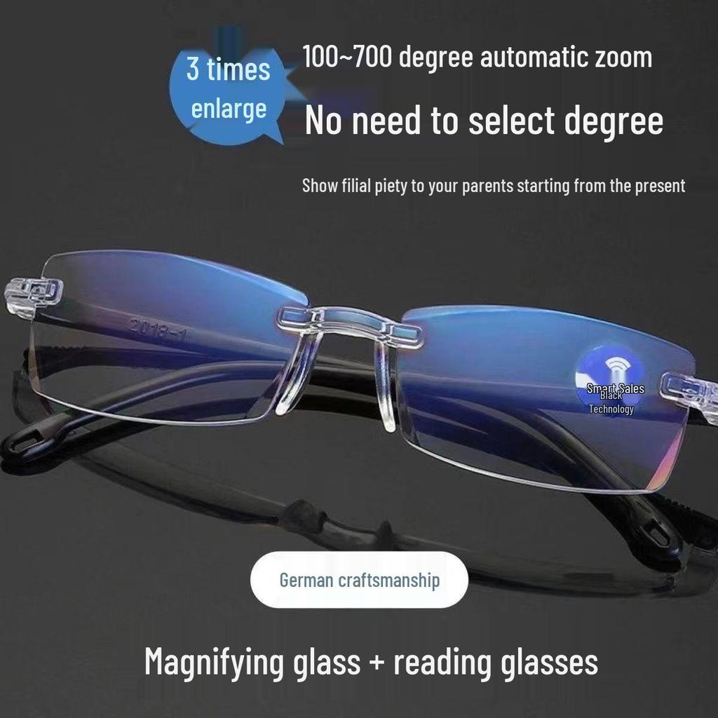 Smart Black Ultralight Anti-Blue Light Rimless Reading Glasses for Middle-Aged/Elderly