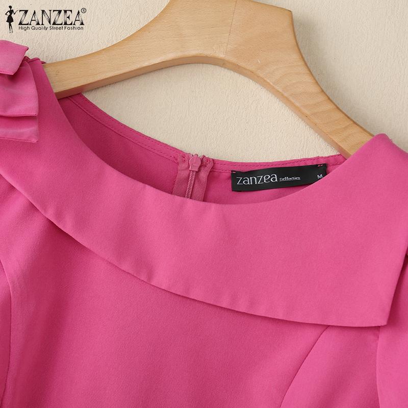 ZANZEA Damen Casual O-Ausschnitt Kurzarm Bluse mit Reißverschluss hinten