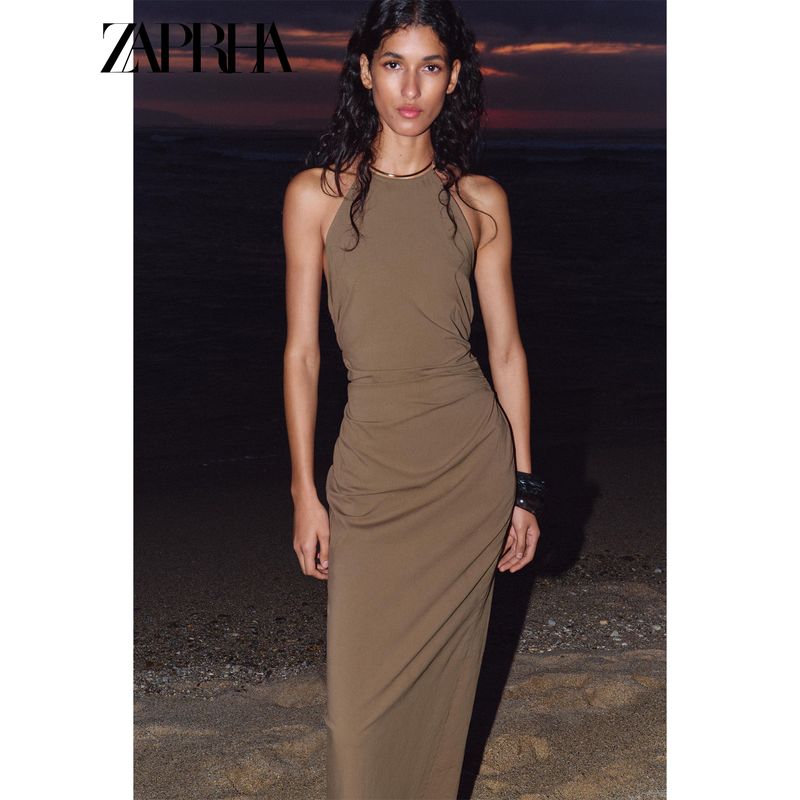 Zaprha 2025 Summer New Accessories Temperament Hanging Neck Midi Casual Dress Waist Hugging Slimming 3564092