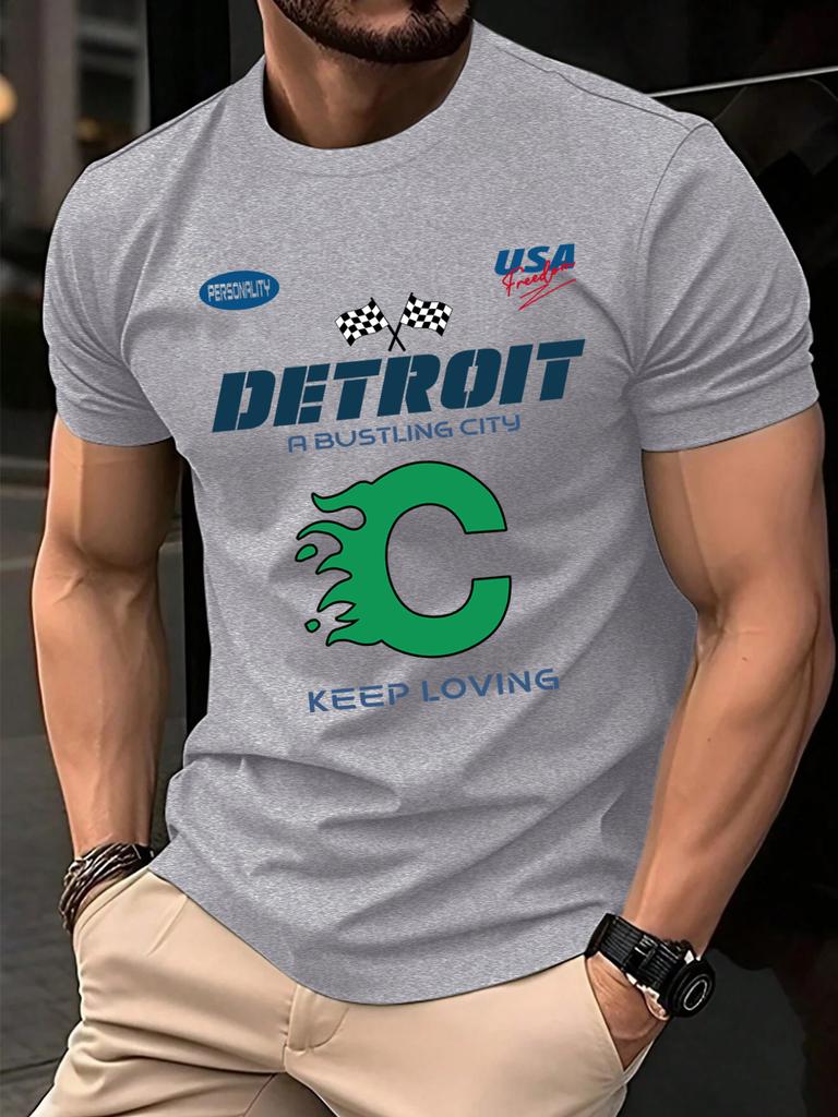Detroit Usa Sport Pattern Design TShirts Men Cotton Casual Trendy T Shirt Retro Soft Clothing Summer Crewneck Streetwear