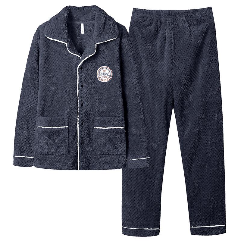 Men's Coral Fleece Pajamas Long Sleeve Thickened Flannel Home Clothes Set Autumn Winter Warm Loose Fit Sleepwear Ensemble