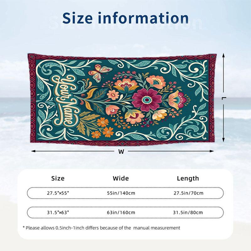 Floral Art Card 5 Theme Quick Dry Beach Towel Custom Name Text Print Large Sand Resistant Towel Beach Vacation