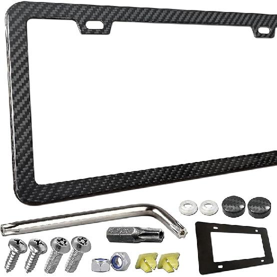 Carbon Fiber License Plate Frame- 100% Handcrafted Real Carbon Fiber Cloth Wrapped Holder, Slim Black Stainless Steel Car Tag Cover With Screws Caps,