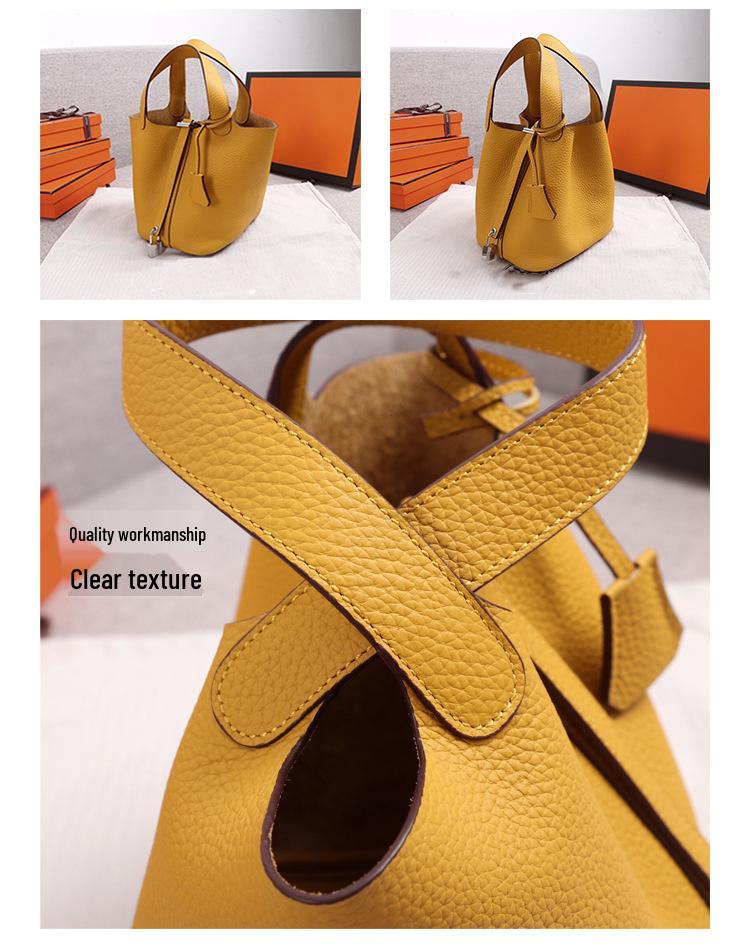 Women's Colorful Cowhide Bucket Bag with Lychee Pattern - Stylish and Versatile Handbag