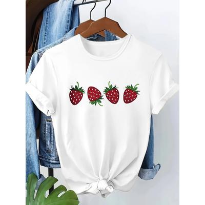 Sweet Fashion Strawberry Print Short Sleeve T Shirt Women Round Neck Women's Casual Summer Breathable T-shirt