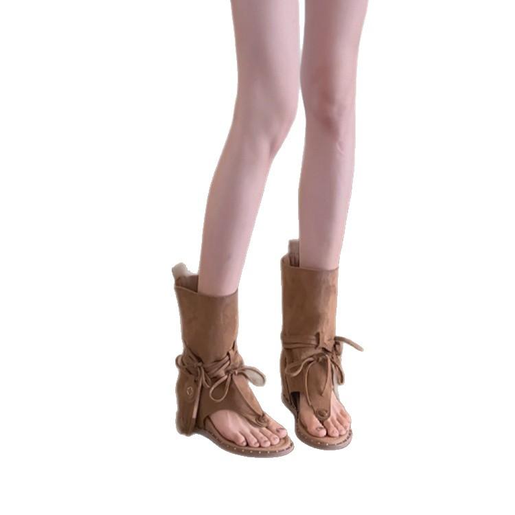 Vintage Round Head Versatile Fringed Heel Open-toed Cool Boots Niche Western Boots Strap Herringbone Toe Roman Sandals Women