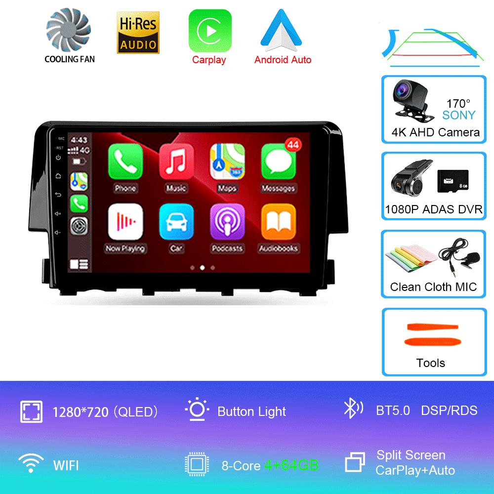Android 14 Car Radio Carplay Auto For Honda Civic 2016 2017 2018 - 2021 GPS Multimedia WIFI+4G Head Unit BT Player Stereo Video