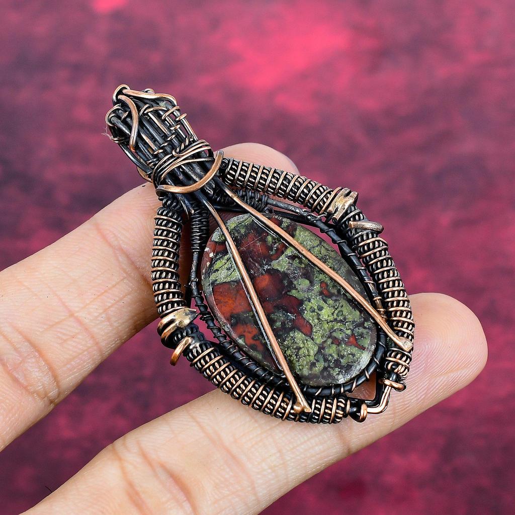 Dragon Bloodstone Gemstone Pendant Copper Wire Wrapped Rainbow Moonstone Jewelry
