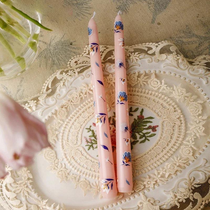 2PCS/Box Printed Long Candle European-Style Romantic Candlelight Dinner Wedding Festival Marriage Decoration Smokeless Candle