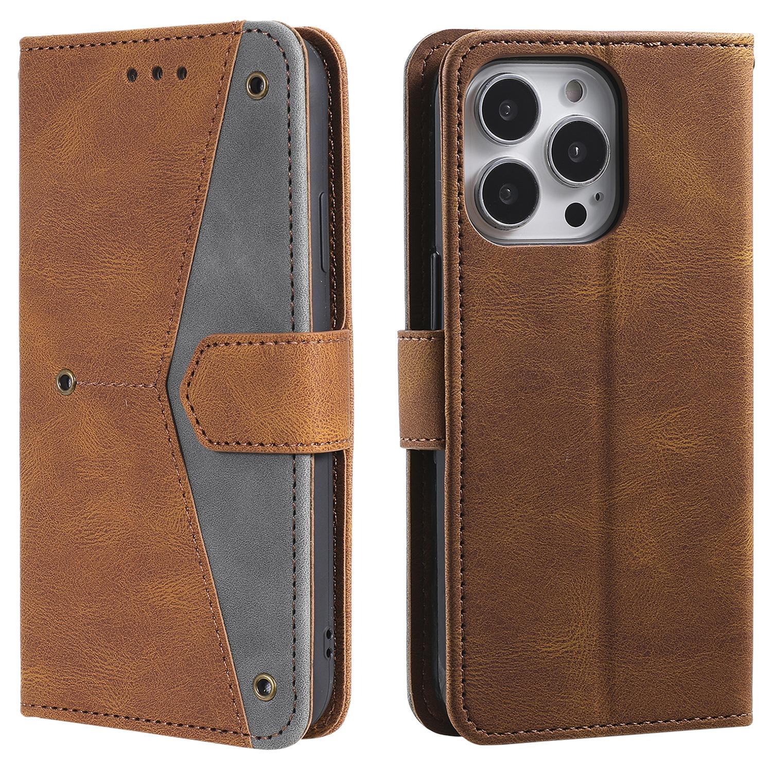 

For iPhone 16 Pro Max Case Splicing Stitching Leather Flip Protective Cover Brown