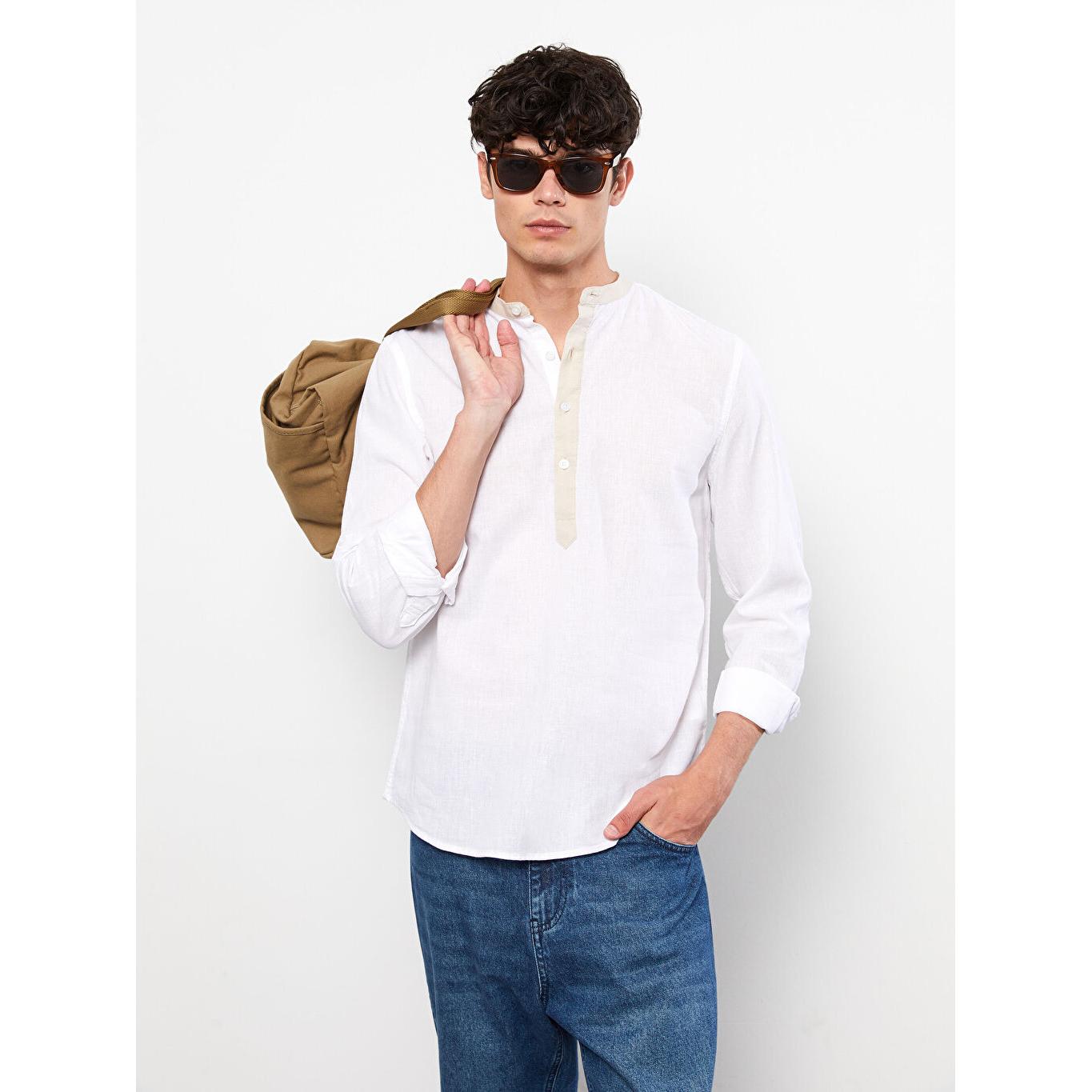 

Slim Fit Синий Воротник С Длинным Рукавом Мужская Рубашка Белая