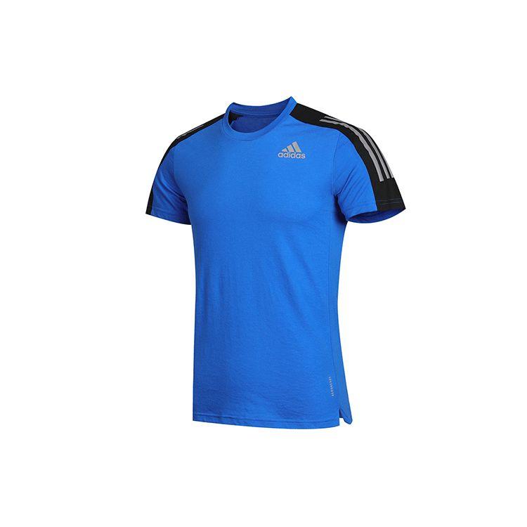 Adidas Logo Print Contrast Shoulder Crew Neck T-Shirt Men Tops Blue GP5804