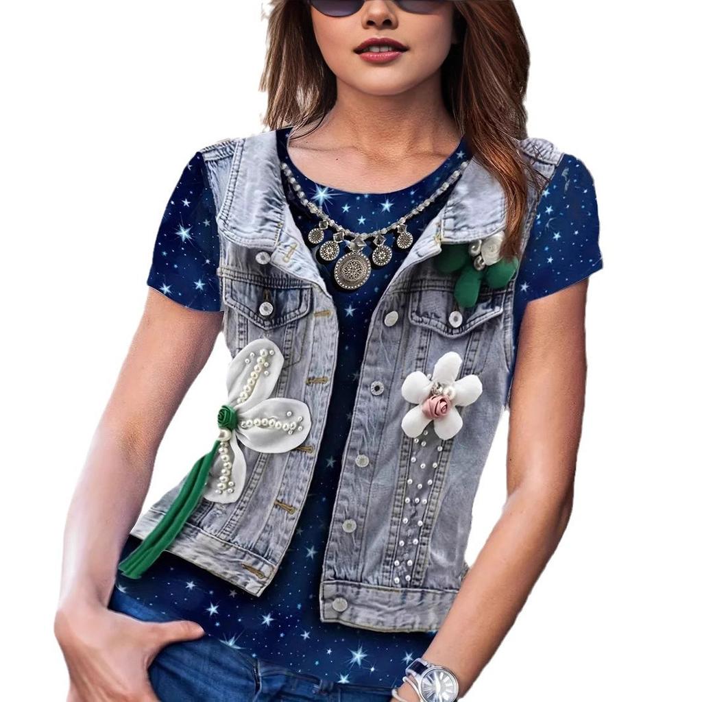 Summer Fashion Fake Denim Women's Short Sleeved Round Neck T-shirt Casual Loose Breathable T-shirt