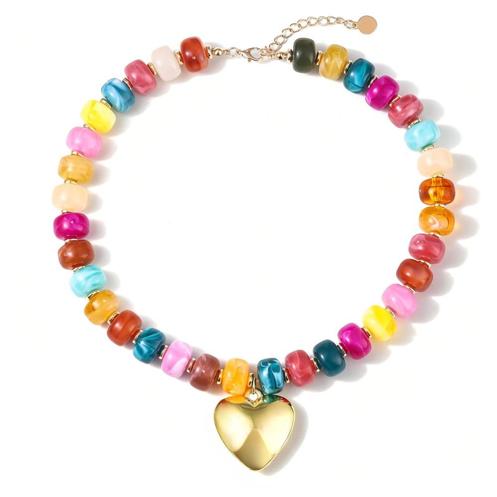 Chunky Heart Pendant Necklace Resin Statement Clavicle Chain Acrylic Beaded Choker Necklace Women
