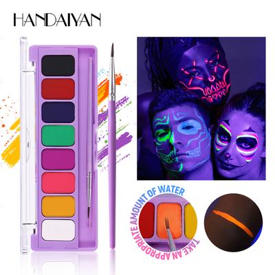 8-Farben Gesichts- und Körpermalerei-Palette, Neon Fluoreszierendes UV-Glow Make-up-Set mit Pinsel, Schnelltrocknende Wasserdichte Körperkunstmalerei für Cosplay-Party