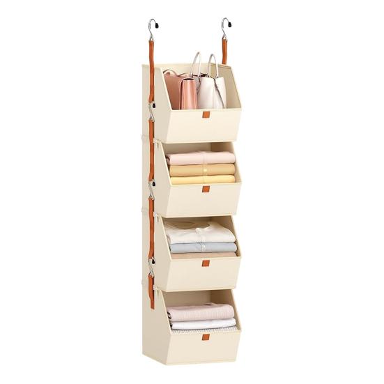 1 Set Collapsible Hanging Closet Organizer Adjustable Wardrobe Storage System with Hooks 4 Tier Closet Shelves Foldable Fabric Storage Bins