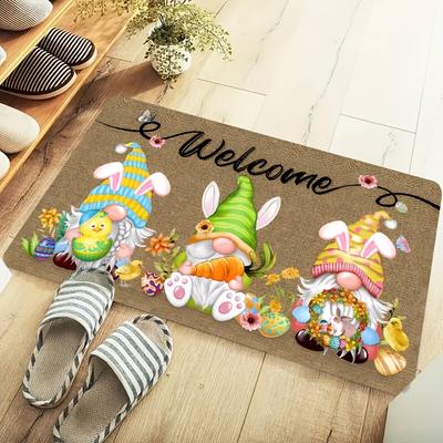 Easter Bunny Dwarf Welcome Doormat, Polyester Non-Slip Machine Washable Rug for Kitchen Bathroom Dining Room Entryway Decor