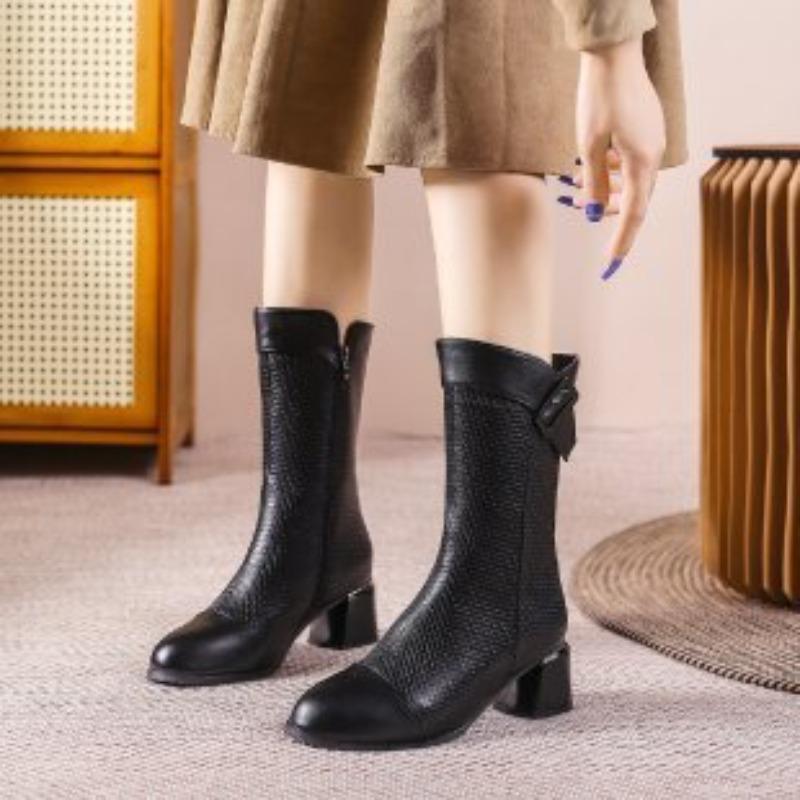 Best-selling Soft Leather Chunk-heeled Ankle Boots, High-heeled Mid-calf Boots, and Versatile Women's Shoes