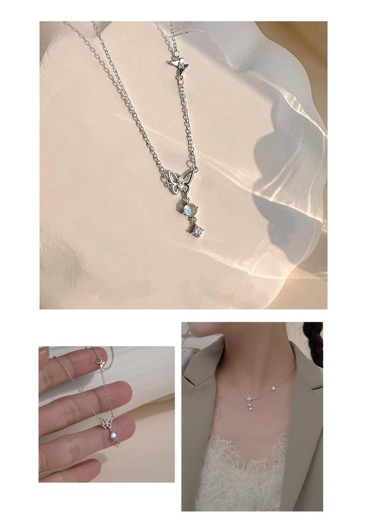 Moonlight Glazed Butterfly Necklace in S925 Sterling Silver - Sweet Heart Tassel Clavicle Chain